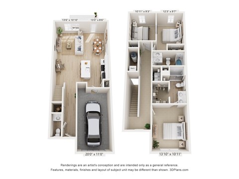 Floor plan for 3 beds, 2.5 baths, 1532 sqft